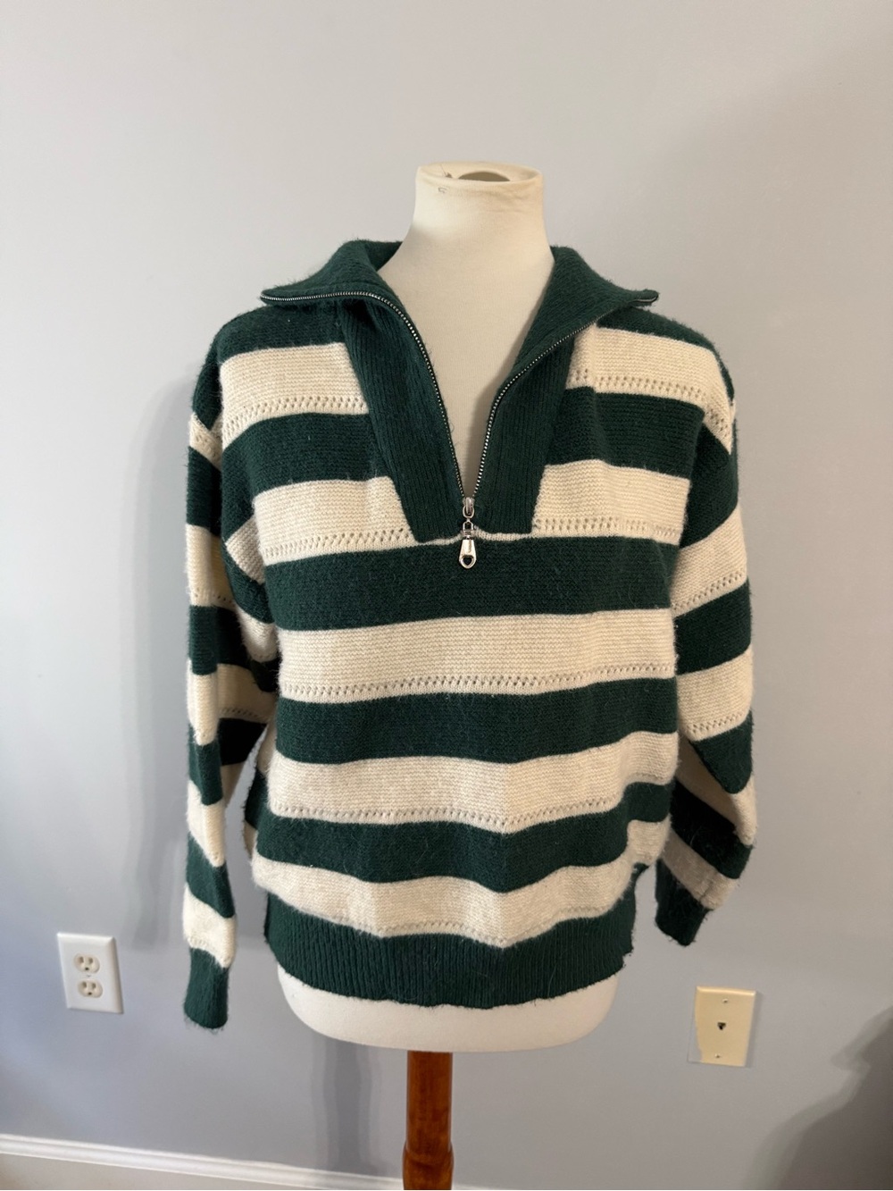 Striped Half-Zip Sweater - Green & Cream